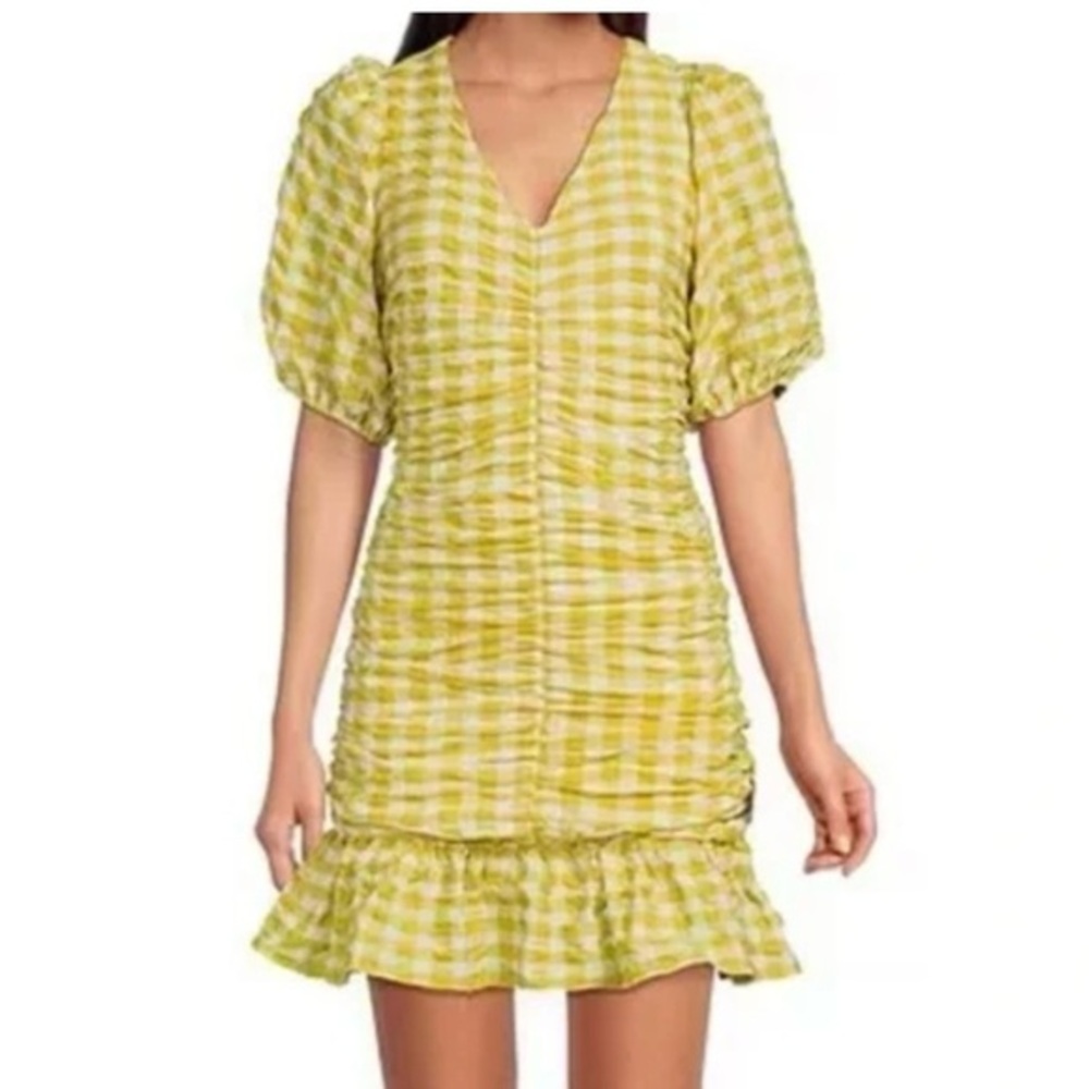 Skies are blue dress v-neck gingham print size small puff sleeve‎ midi Dress